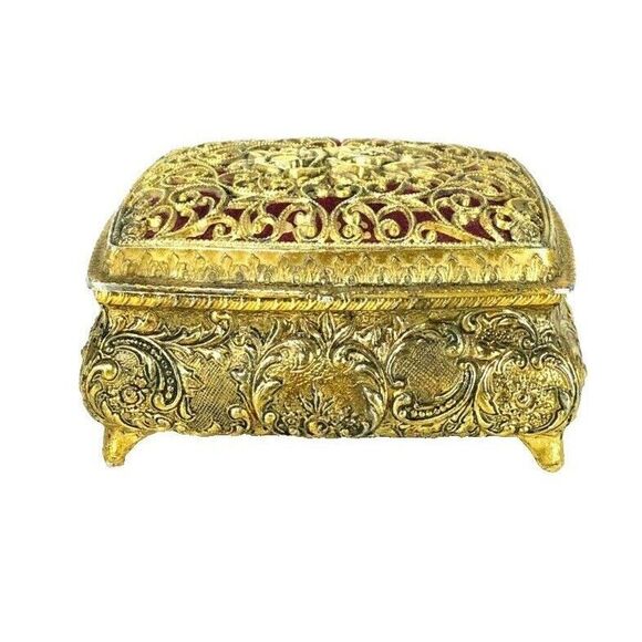 Vintage Sankyo Gold Filigree Musical Jewelry Open Work Trinket Box Made in Japan - Picture 1 of 11